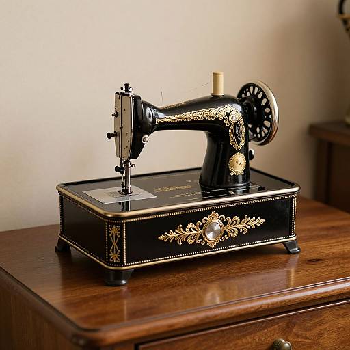 Vintage black and gold ornate sewing machine on a polished wooden table, photographed against a plain beige wall.