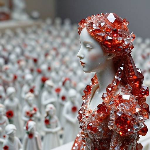 Photograph of a white-mannequin head adorned with red crystal tinsel, set against a blurred background of identical white mannequins with