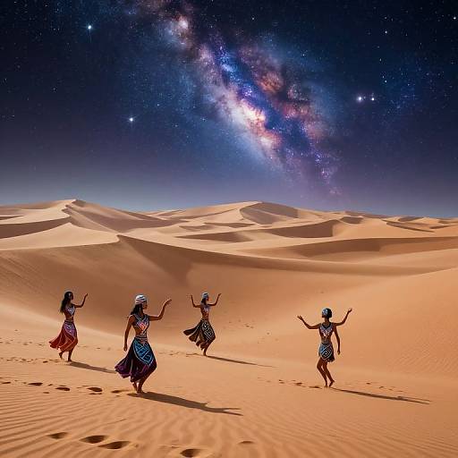 Photograph of four women dancing in an orange desert under a starry night sky with the Milky Way, wearing traditional, colorful dresses and headpieces.