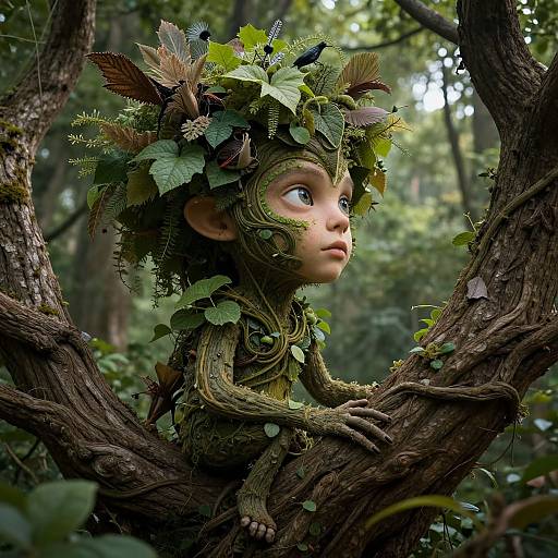 Photorealistic CGI of a young, leafy, fairy-like creature with large eyes, green and brown textured skin, and a leafy crown,