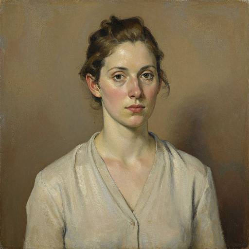 Realistic oil painting of a young white woman with fair skin, brown hair, and brown eyes, wearing a white buttoned blouse, against a brown