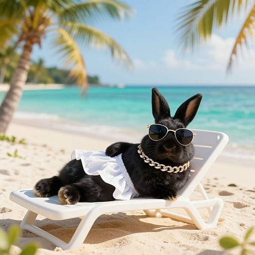Chic Black Rabbit Relaxing on Beach