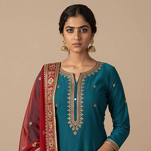 Woman in Traditional Punjabi Suit with Gold Embroidery