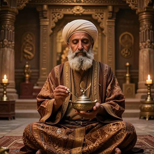 Photograph of an elderly Indian man with a white beard and turban, wearing ornate brown robes, meditating with a brass tea set in a