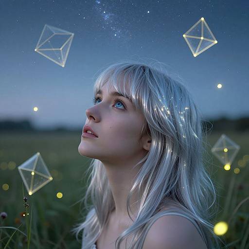 Photograph of a fair-skinned woman with long, silver hair, gazing up at glowing, floating geometric shapes against a twilight sky.