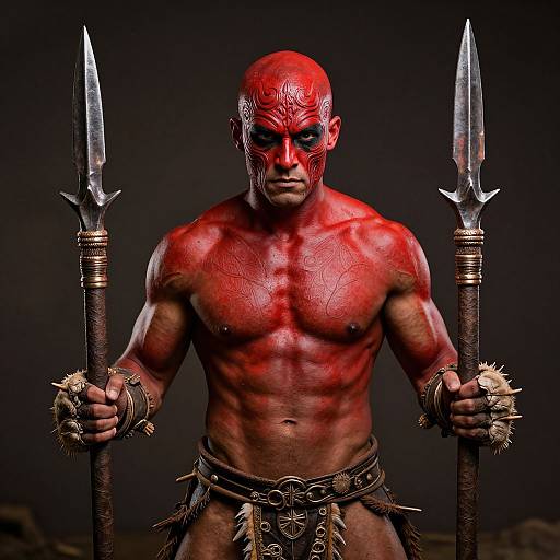 Photograph of a muscular, red-painted, bald warrior with spiked wristbands and tribal loincloth, holding two spear-like weapons, against a