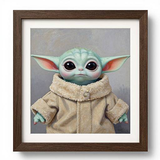 Digital painting of a cute, green-skinned Gungan-like creature with large ears, wearing a beige, fur-trimmed coat, framed in a