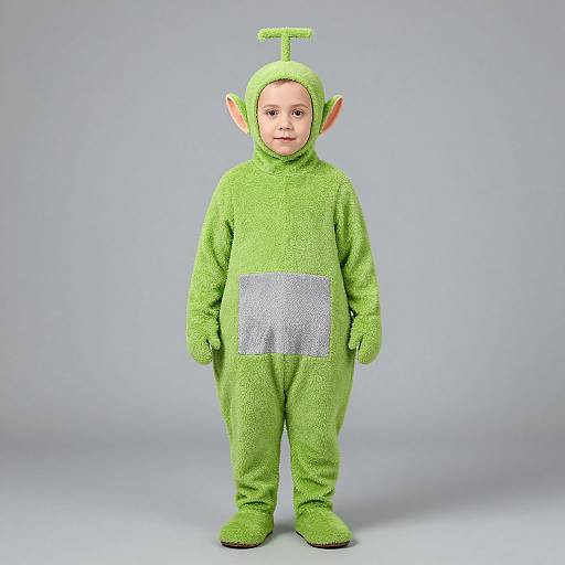 Photograph of a young child wearing a green, fuzzy alien costume with pointy ears, a head fin, and a silver patch on the chest,