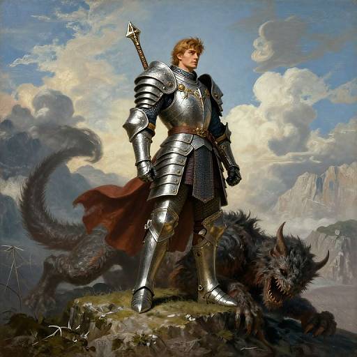 A muscular, blond knight in shiny silver armor with a sword stands triumphantly on a rocky outcrop, over a defeated dark dragon. Photorealistic