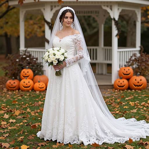 Photograph of a smiling bride in a white lace wedding dress and veil, holding a white and green bouquet, standing in front of a white gazebo