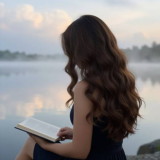 Photograph of a woman with long, wavy brown hair, wearing a black sleeveless dress, reading a book by a serene, misty lake