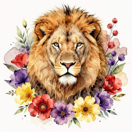 Watercolor-style drawing of a majestic lion's head surrounded by vibrant red, yellow, purple, and blue flowers with green leaves.
