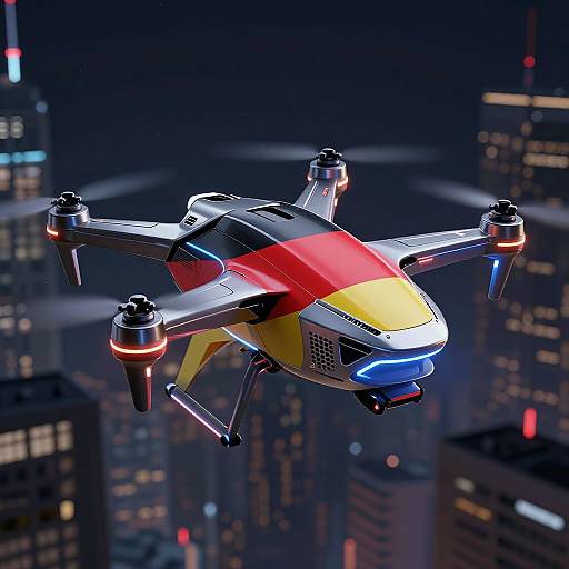 Photorealistic CGI of a colorful drone with red, yellow, and blue accents, flying over a nighttime cityscape with lit skyscrapers.