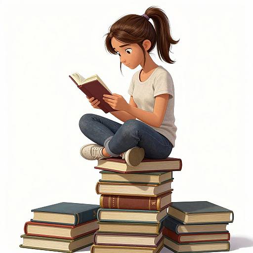 Digital illustration of a brown-haired girl with a ponytail, wearing a white shirt and jeans, sitting on stacked books, reading a book. White background