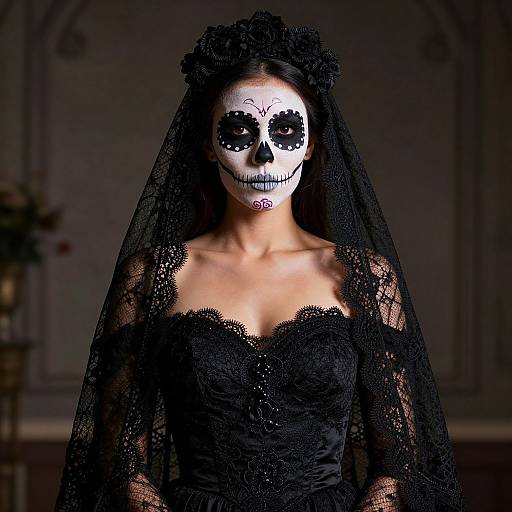 Photograph of a woman in a black lace dress and veil, with a white sugar skull face painted on, standing in a dimly lit, orn