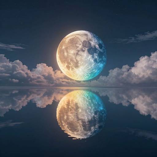 Digital artwork of a glowing, dual-toned moon (yellow and blue) reflected in a calm, dark blue ocean, surrounded by fluffy clouds.
