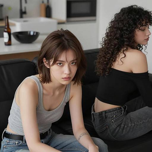 Intense Gaze: Women on Leather Couch