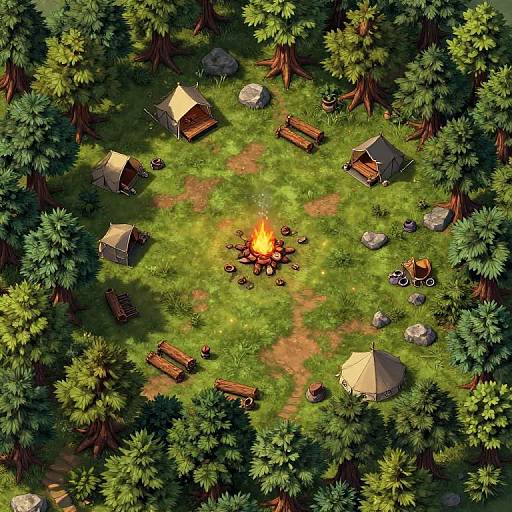 Overhead view of a forest campsite with six tents, a central campfire, scattered rocks, benches, and wooden logs surrounded by dense trees.