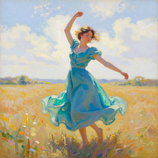 Digital painting of a joyful woman in a flowing blue dress dancing in a sunlit, colorful meadow with a bright blue sky.