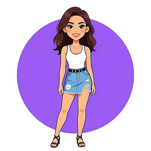 Digital illustration of a smiling woman with long brown hair, wearing a white tank top, blue distressed denim skirt, black belt, and black sandals, standing