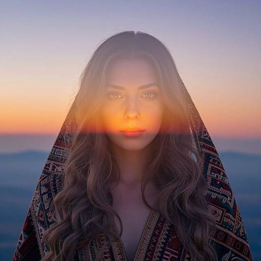 Photograph of a woman with long, wavy brown hair, wearing a patterned shawl, illuminated by a vibrant orange sunset glare, against a