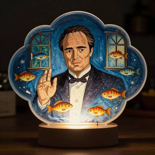 Illustrated lamp featuring a stern-faced man in a black tuxedo, surrounded by colorful fish, making a peace sign, with glowing fish and windows