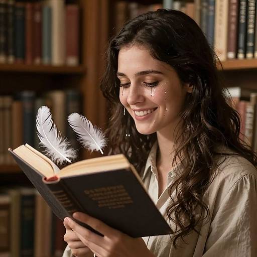 Photograph of a smiling woman with long, wavy dark hair, reading an open book with white feather bookmarks, in a warmly lit library.