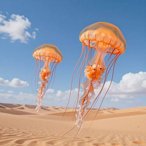Photograph of two vibrant orange jellyfish with translucent, bell-shaped tops and long, flowing tentacles floating in a bright blue sky over a sandy desert