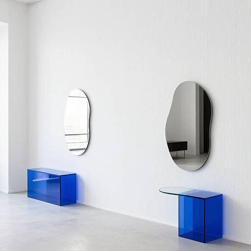 Photograph of a minimalist white room with two blue glass cabinets and two abstract mirrors: one oval, one circular.