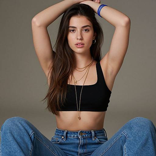 Photograph of a young woman with long brown hair, wearing a black crop top, blue jeans, gold necklaces, and blue bracelets, sitting with