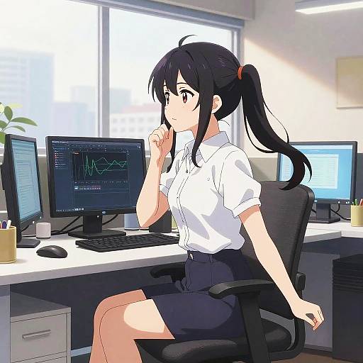 Anime-style digital drawing of a black-haired girl in a white shirt and black skirt, sitting at a modern office desk with monitors and a chair, thinking