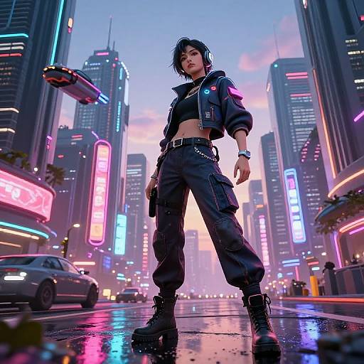 Cyberpunk cityscape: androgynous person with black hair, midriff-baring jacket, cargo pants, and boots, stands confidently