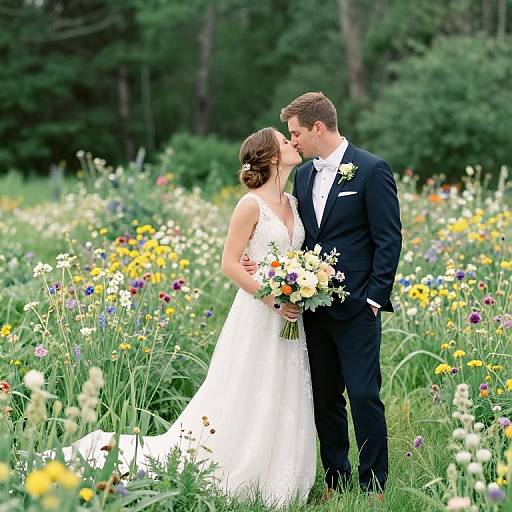 Photograph of a bride in a white gown and groom in a black tuxedo kissing in a vibrant, flower-filled meadow.