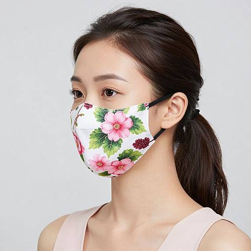 Photograph of an Asian woman with dark hair in a ponytail, wearing a white mask with pink floral patterns and a white tank top, against a
