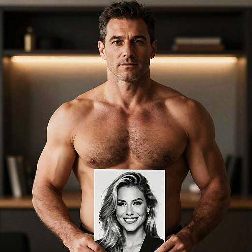 Muscular shirtless man holding portrait