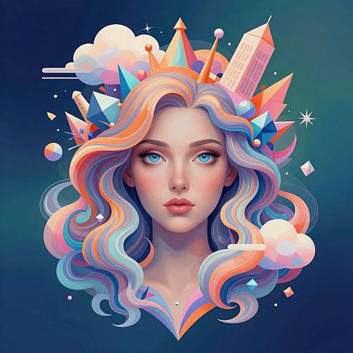 Digital artwork of a fair-skinned, blue-eyed woman with wavy, multicolored hair (pink, blue, orange) adorned with geometric city