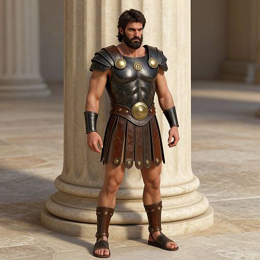CGI image of a muscular, bearded man in ancient Greek-style armor, standing in front of a tall marble column.