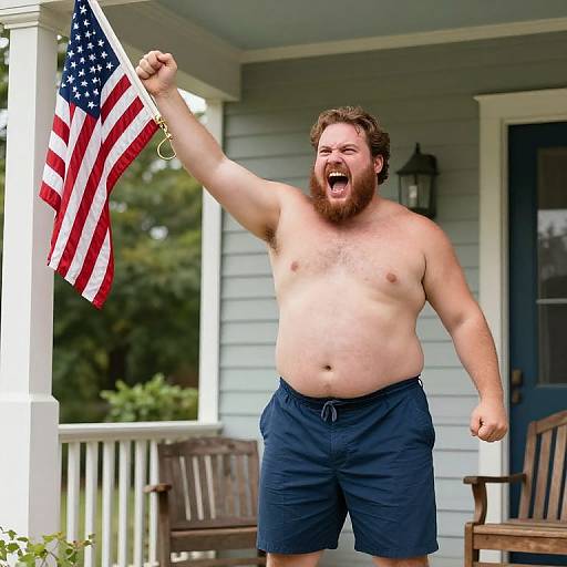 Photograph of a shirtless, bearded, chubby man with dark hair, raising an American flag, shouting joyfully on a porch. He wears