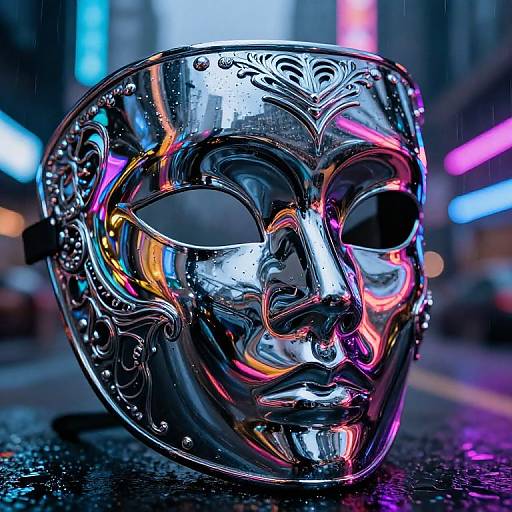 Photograph of a reflective, ornate silver Venetian mask with colorful neon lights, set against a blurred, urban nighttime street scene.