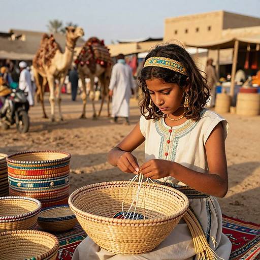 Young Egyptian Girl Weaving at Market