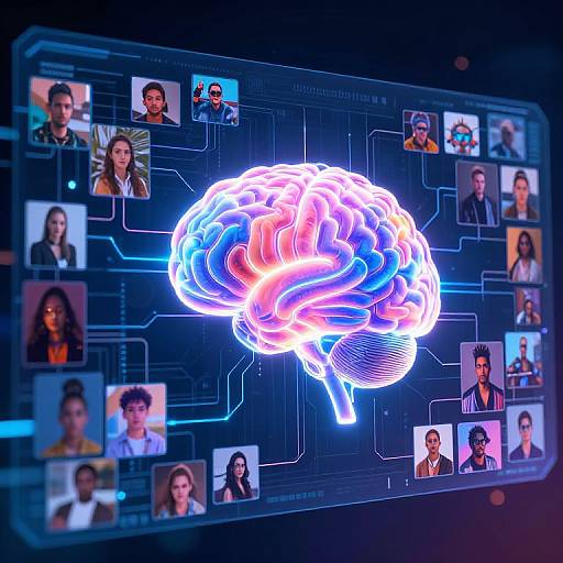 Neon-lit brain icon centered on digital grid with diverse, pixelated headshots surrounding it, resembling a futuristic social network interface.