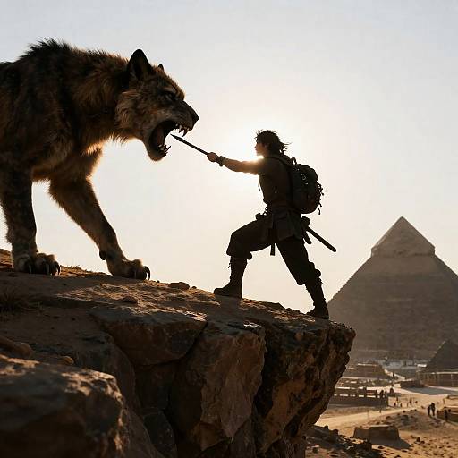 Warrior Facing Giant Creature Near Pyramids