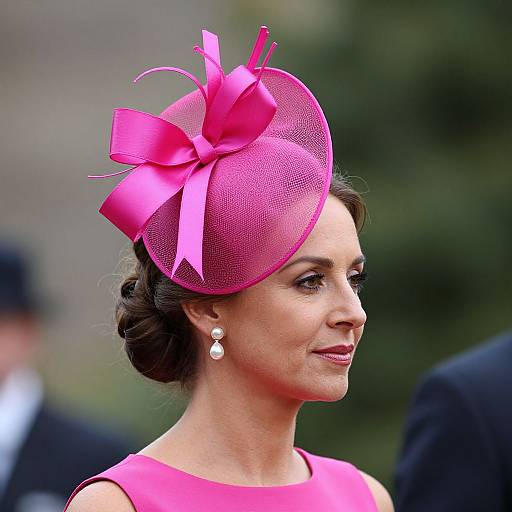 Photograph of a woman with fair skin, brown hair in an updo, wearing a vibrant pink hat adorned with a large bow, pink dress,