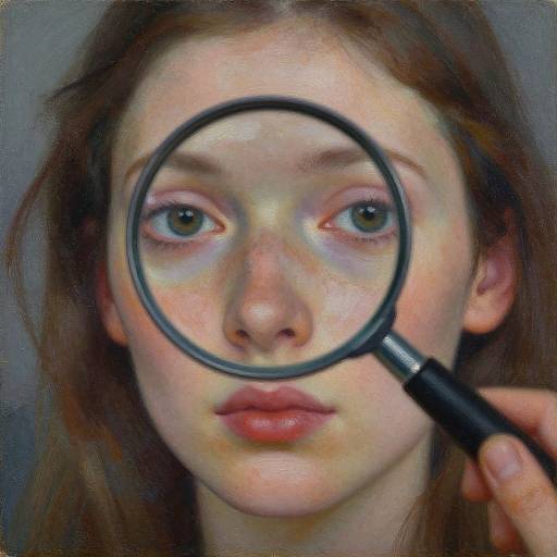 Digital painting of a young woman with fair skin, green eyes, and brown hair, wearing a black magnifying glass on her face. She has pink