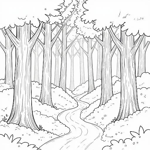 Black-and-white line drawing of a winding forest path through tall, thick-trunked trees with dense foliage on both sides.