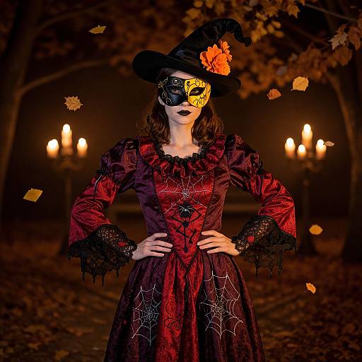 Photograph of a woman in a black witch costume with red lace, orange flower hat, black mask, standing in a dark, candlelit forest with