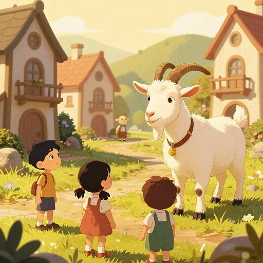 Digital illustration: Three children with backpacks admire a white goat with brown horns and a collar in a sunlit village with charming cottages, surrounded by