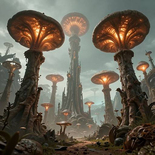 CGI Alien Landscape with Glowing Mushrooms