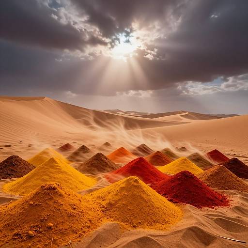Photograph of a desert landscape with sun rays piercing through dark clouds, illuminating vibrant red and yellow sand mounds in the foreground. Rolling sand d