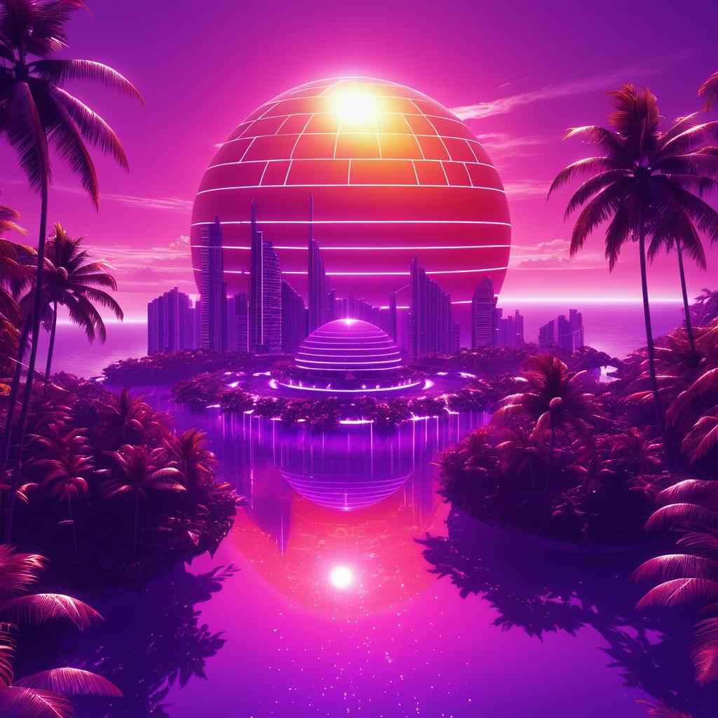 Futuristic Island City with Red Sun